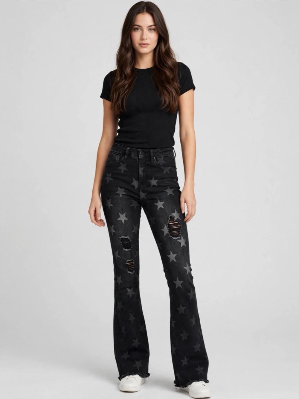 YMI Women's Distressed Faded Star Print Flare Leg Jeans Black Size 1/25
